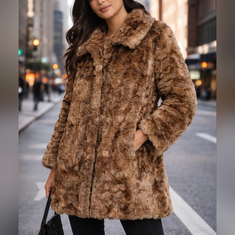 ABS  Silver Label Brown Faux Fur Coat medium length sz L new